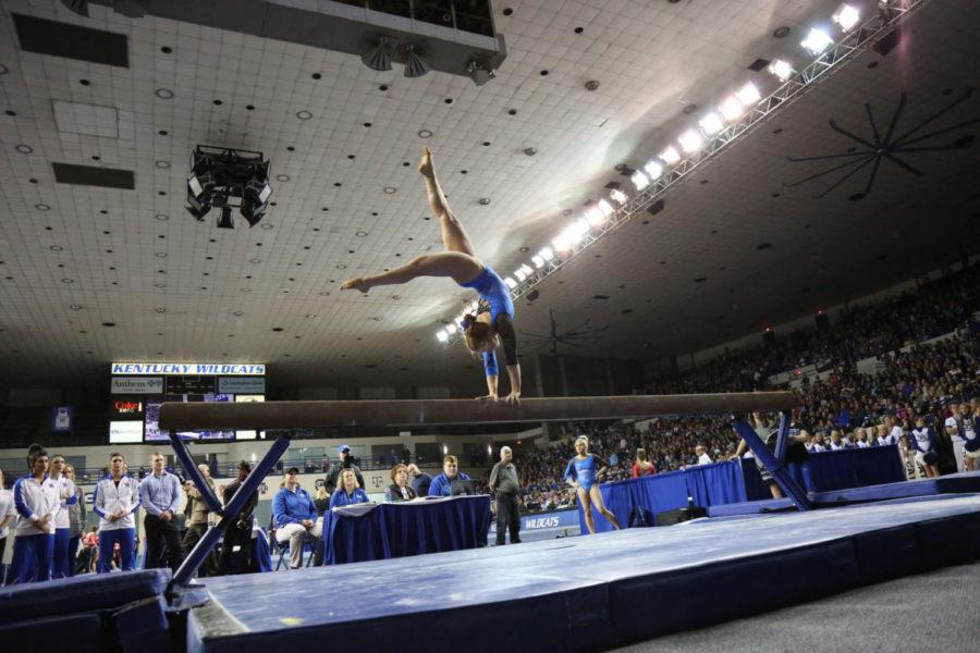 Freshman+Sydney+Dukes+performs+on+the+beam+at+Memorial+Coliseum+on+Friday%2C+January+8%2C+2016+in+Lexington%2C+Ky.+Photo+by+Lydia+Emeric+%7C+Staff%C2%A0
