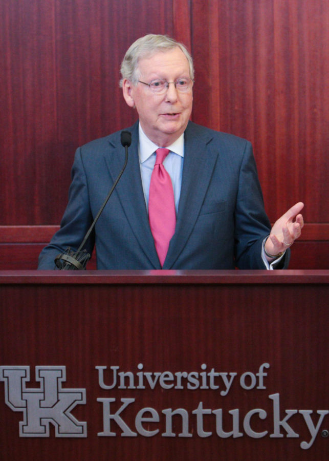 U.S. Senate Majority Leader Mitch McConnell details the Heyburn Initiative for Excellence in the Federal Judiciary, named for the late U.S. Senior District Judge John G. Heyburn II, after its announcement at the University of Kentuckys Main Building on Monday, October 10, 2016, in Lexington, Ky. The national, nonpartisan initiative aims to establish an archives and oral history program for Kentuckys federal judges and a national lecture series on relevant judicial topics, as well as play host to federal judicial conferences, according to a press release. Photo by Joshua Qualls | Staff