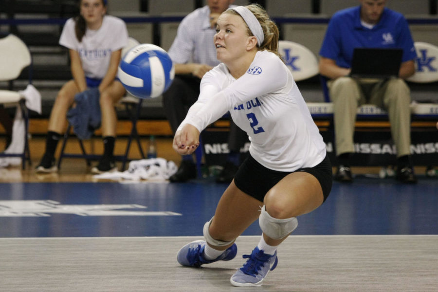 Defensive specialist McKenzie Watson digs the ball during the match against Saint Louis on Saturday, September 10, 2016 in Lexington, Ky. Kentucky won the match 3-0. Photo by Hunter Mitchell | Staff