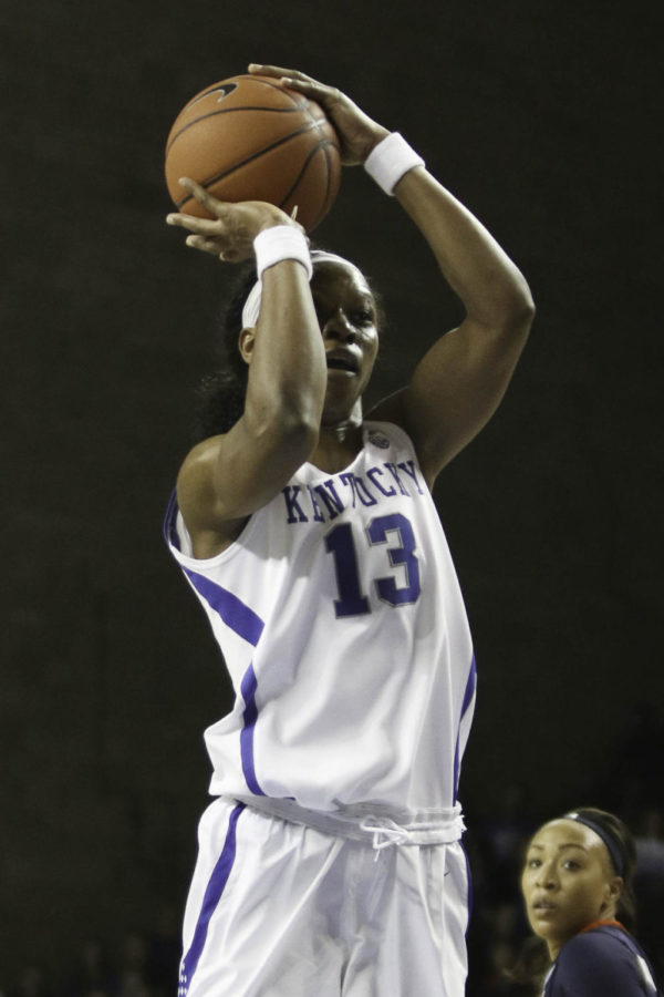 Junior forward Evelyn Akhator (13) shoots the ball during the game against the Auburn Tigers on Sunday, January 17, 2016 in Lexington,. Kentucky won the game 54-47. Photo by Hunter Mitchell | Staff