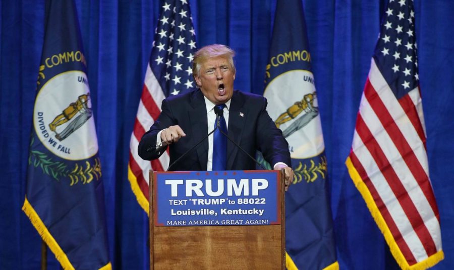 Republican presidential candidate Donald Trump speaks during a rally at the Kentucky International Convention Center in Louisville, Ky. on Tuesday, March 1, 2016. Photo by Michael Reaves | Staff.