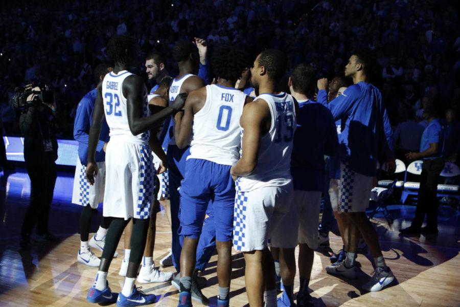 The Kentucky Wildcats huddle prior to the game against the Auburn Tigers at Rupp Arena on Saturday, January 14, 2017 in Lexington, Ky. Kentucky won 92 to 72. Photo by Arden Barnes | Staff