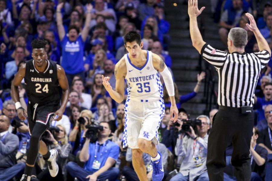 Kentucky+Wildcats+forward+Derek+Willis+%2335+celebrates+a+three+point+shot+during+the+Wildcats+game+against+the+South+Carolina+Gamecocks+at+Rupp+Arena+on+January+21%2C+2017+in+Lexington%2C+Kentucky.