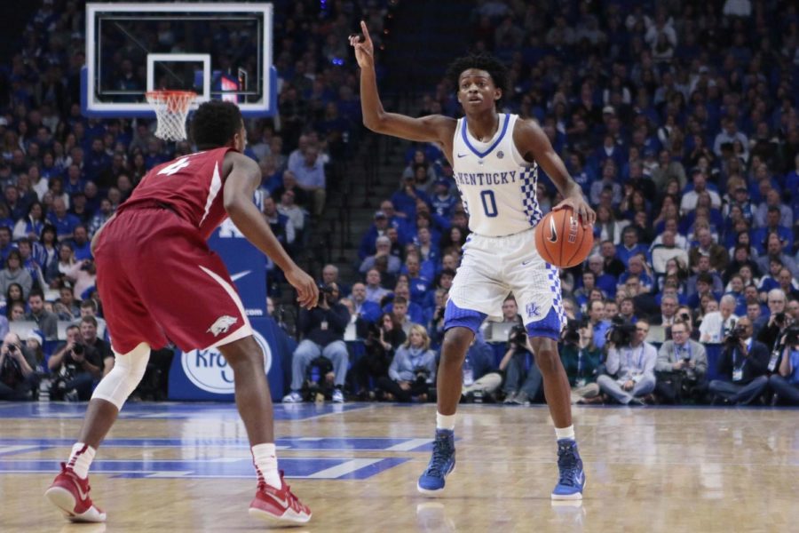 Kentuckys DeAaron Fox directs the offense during the second half of the game against the Arkansas Razorbacks at Rupp Arena on Saturday, January 7, 2017 in Lexington, KY. Photo by Addison Coffey | Staff.