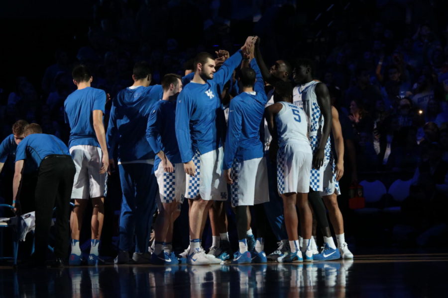 The Kentucky Wildcats huddle before their game against SEC rival Arkansas at Rupp Arena in Lexington, Ky., on Saturday, January 7, 2017. Kentucky beat Arkansas 97-71. Photo by Joshua Qualls | Staff