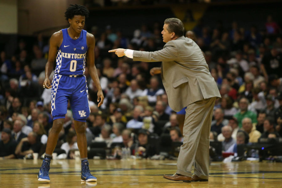 Kentucky Wildcats head coach John Calipari talks with guard DeAaron Fox against the Vanderbilt Commodores during the second half at Memorial Gymnasium in Nashville, Tennessee on Tuesday, January 10, 2017. Photo by Michael Reaves | Staff