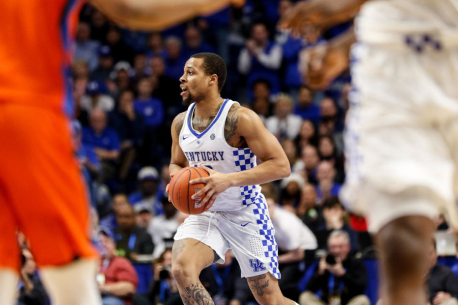 Sophomore guard Isaiah Briscoe looks to pass the ball during the game against Florida at Rupp Arena in Lexington, KY. on Saturday, February 25, 2017. Kentucky defeats Florida 76-66. Photo by Lydia Emeric | Staff.