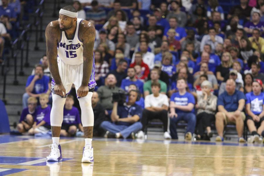 DeMarcus Cousins slouches mid court during the Sacramento Kings game against the Washington Wizards on Saturday, October 15, 2016 at Rupp Arena in Lexington, Ky..