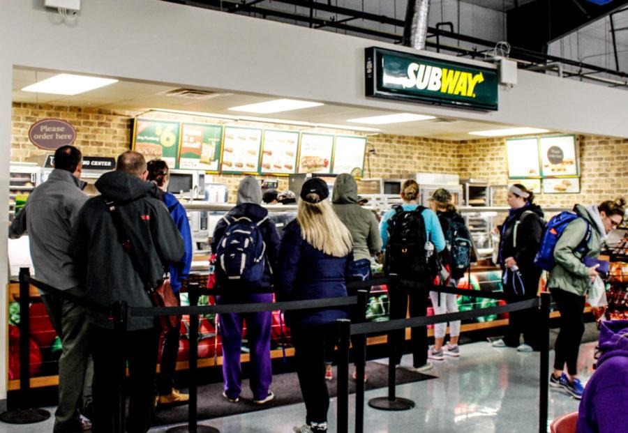 Students wait in line at Subway in Bowmans Den on Monday, February 27, 2017. Photo by Arden Barnes | Staff