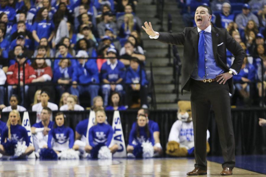 Head coach Matthew Mitchell of the Kentucky Wildcats yells to his team during the NCAA womens basketball tournament Sweet 16 game against the Washington Huskies at Rupp Arena in Lexington, KY on Friday, March 25, 2016. Photo by Michael Reaves | Staff.