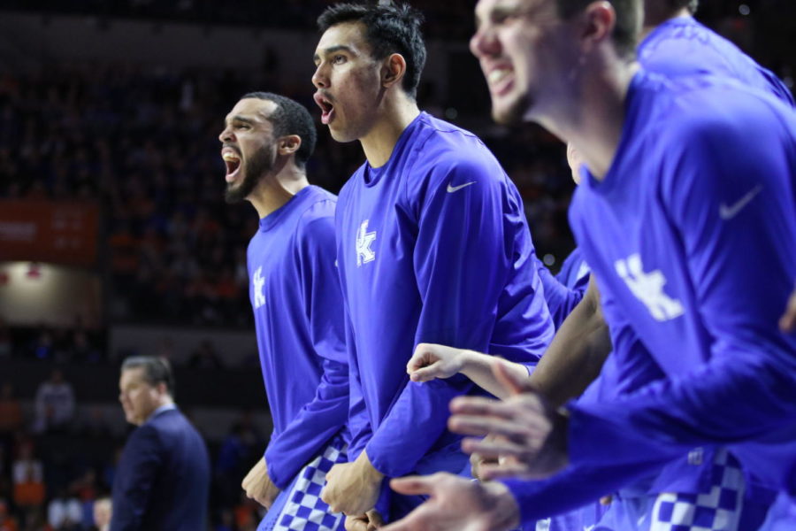 Kentuckys+bench+celebrates+a+three+point+shot+during+the+Wildcats+game+against+the+Florida+Gators+on+February+4%2C+2017+at+the+Stephen+OConnell+Center+in+Gainesville%2C+Fl.