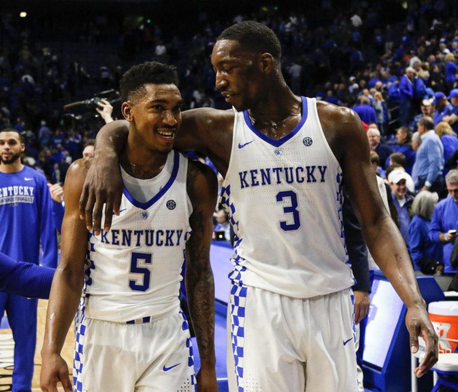 Kentucky Wildcats guard Malik Monk and Kentucky forward Bam Adebayo were all smiles as they walked off the court after the overtime victory over the Georgia Bulldogs on Wednesday, February 1, 2017 at Rupp Arena in Lexington, KY. Photo by Addison Coffey | Staff.