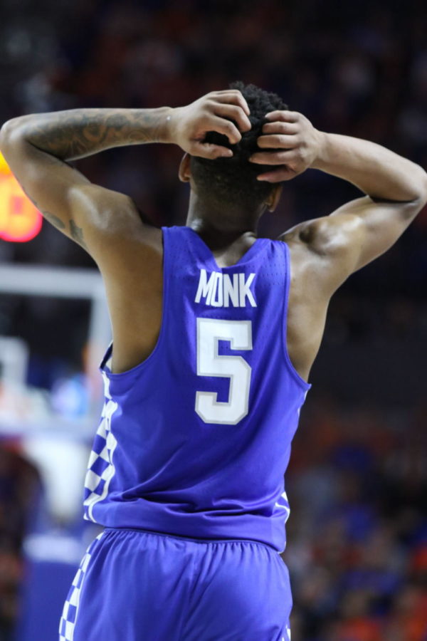 Malik Monk reacts to a foul during the Wildcats game against the Florida Gators on February 4, 2017 at the Stephen OConnell Center in Gainesville, Fl.