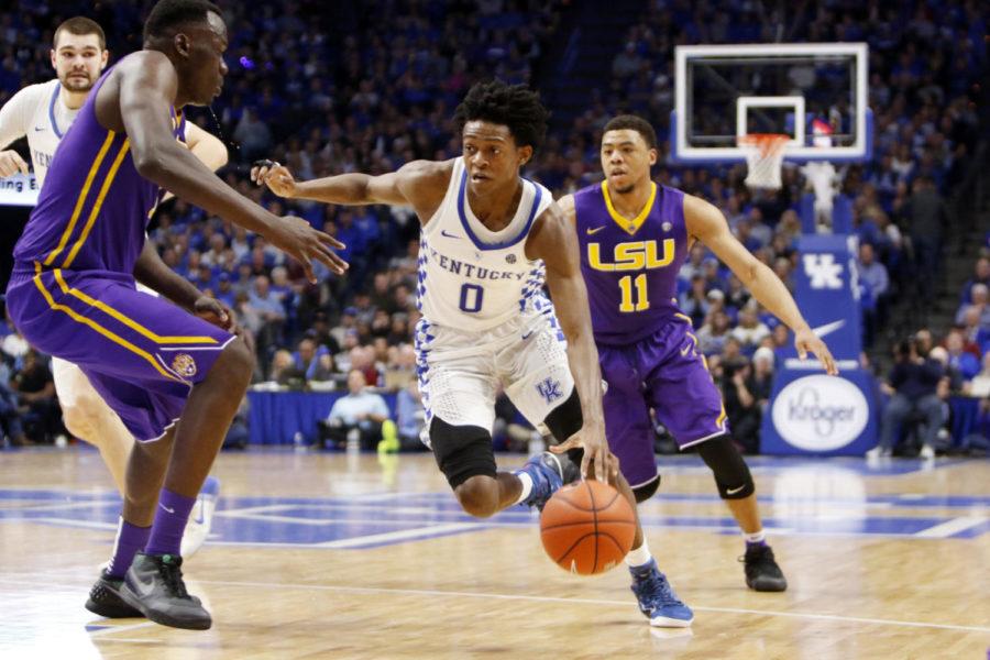 Kentucky guard, DeAaron Fox dribbles past a defender during the game against LSU at Rupp Arena in Lexington, Ky. on Tuesday, February 7, 2017. Photo by Josh Mott | Staff.