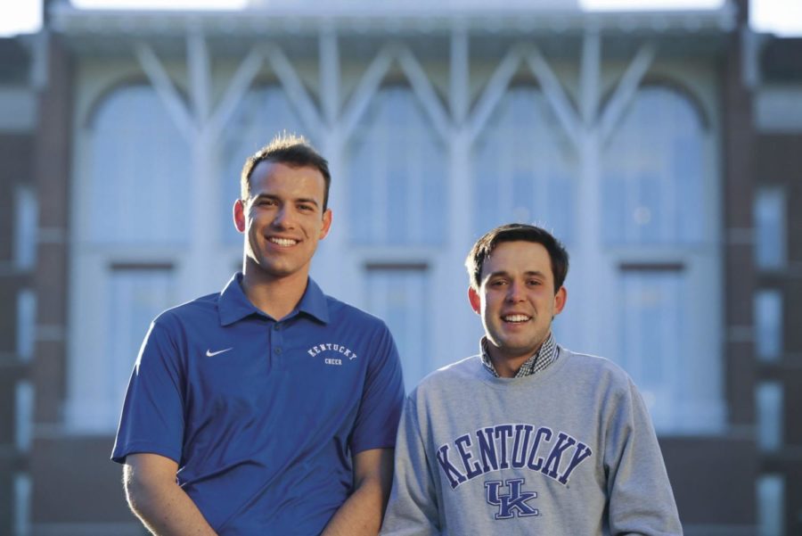 Student Government Association candidates Ross Boggess (left), a community leadership and development sophomore running for vice president, and Fletcher Lyon (right), a political science junior running for president, pose for a photo near William T. Young Library at the University of Kentucky in Lexington, Ky., on Sunday February 26, 2017. The election begins March 1 and ends the following day. Photo by Joshua Qualls | Staff