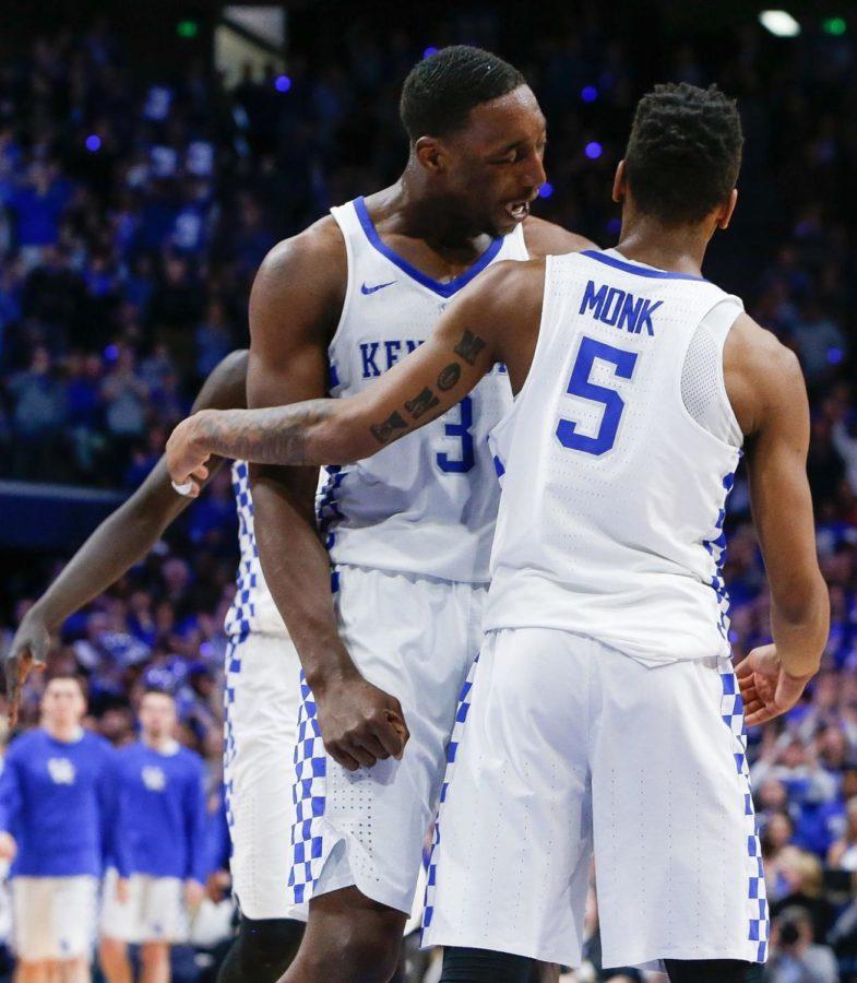 Kentucky Wildcats forward Bam Adebayo celebrates with guard Malik Monk during a game against the Florida Gators on Saturday, February 25, 2017 in Lexington, Ky. Kentucky won the game 76-66. Photo by Carter Gossett | Staff