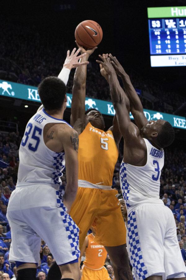 Freshman+forward+Bam+Adebayo+%283%29+and+senior+forward+Derrick+Willis+%2835%29+defend+Tennessee+forward+Admiral+Schofield+%285%29+during+the+game+against+the+Tennessee+Volunteers+on+Tuesday%2C+February+14%2C+2017+in+Lexington%2C+Ky.+Kentucky+defeated+Tennessee+83-58.