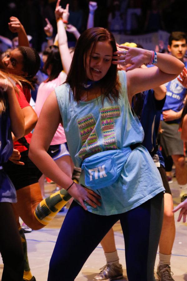 Michelle Knezovic, sophomore broadcast journalism major preforms the line dance during the University of Kentucky Dance Blue Dance Marathon Memorial Coliseum in Lexington, Ky. on Sunday, Feb. 26, 2017.