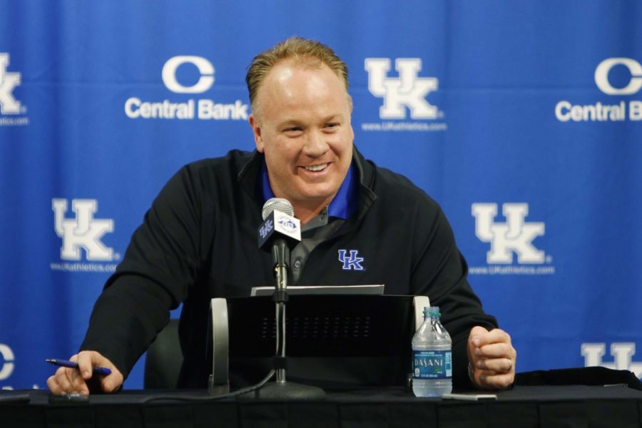 Head coach Mark Stoops addresses the media on National Signing Day at Commonwealth Stadium in Lexington, Ky. on Wednesday, February 3, 2016. Photo by Michael Reaves | Staff.