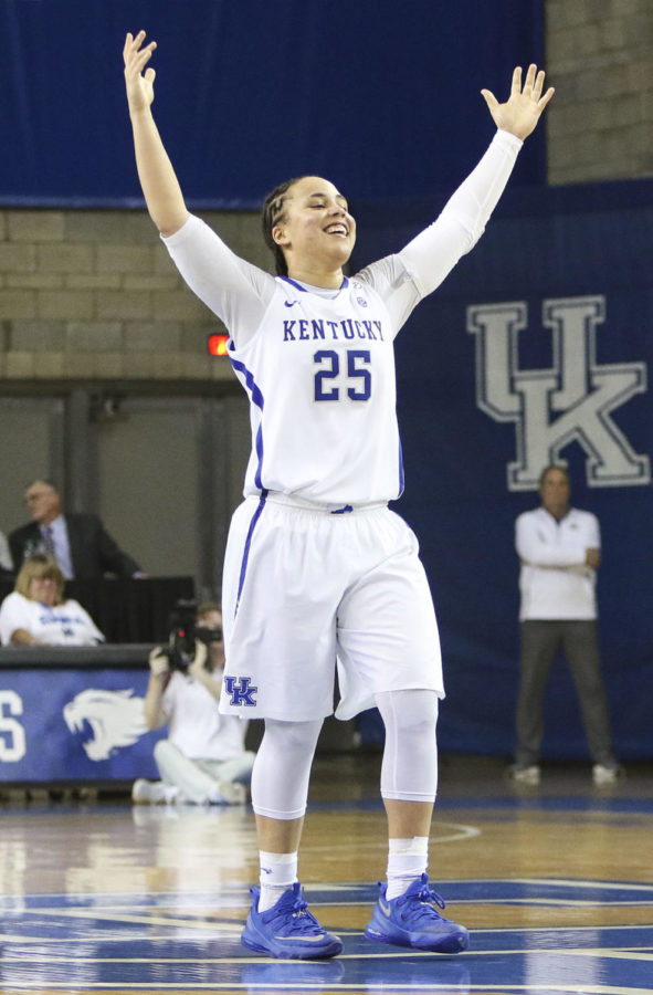Kentucky Wildcat guard Makayla Epps celebrates as time expires during the game against the Mississippi State Bulldogs on Thursday, February 23, 2017 at Memorial Coliseum in Lexington, KY. Photo by Addison Coffey | Staff.