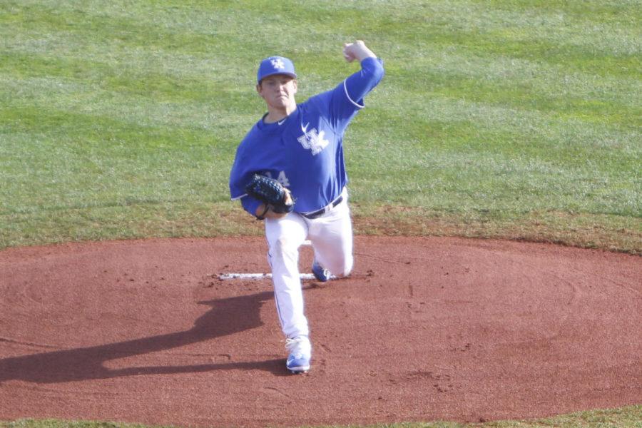 Kentucky pitcher Zack Thompson throws the first pitch during a game against the Western Kentucky Hilltoppers on Wednesday, March 1, 2017 in Lexington, Ky. Photo by Carter Gossett | Staff