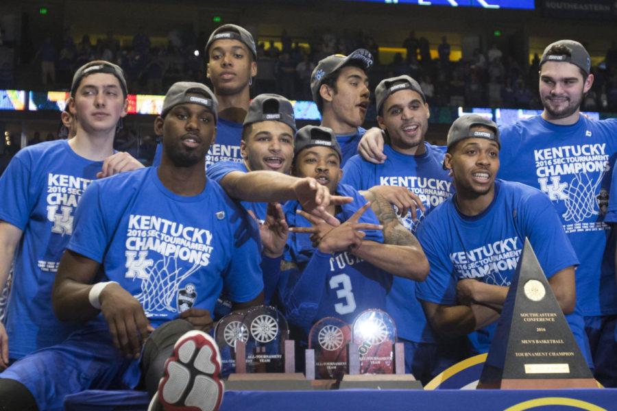 The Kentucky Wildcats pose for a photo after the game against the Texas A&M Aggies at the SEC Tournament Championship at Bridgestone Arena in Nashville, TN, on Sunday, March 13, 2016. Kentucky defeated Texas A&M 81-77. Photo by Michael Reaves | Staff.