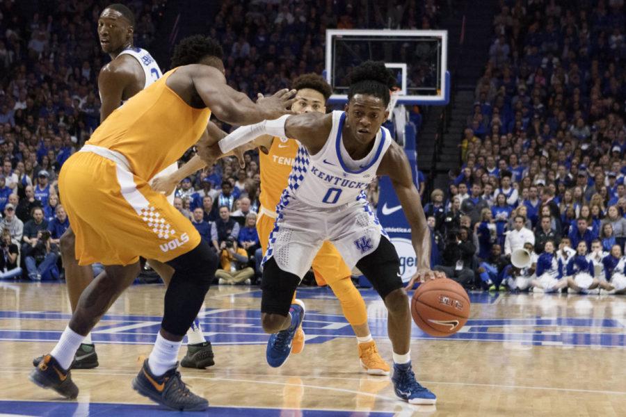 Freshman guard DeAaron Fox drives the ball down the lane during the game against the Tennessee Volunteers on Tuesday, February 14, 2017 in Lexington, Ky. Kentucky defeated Tennessee 83-58.