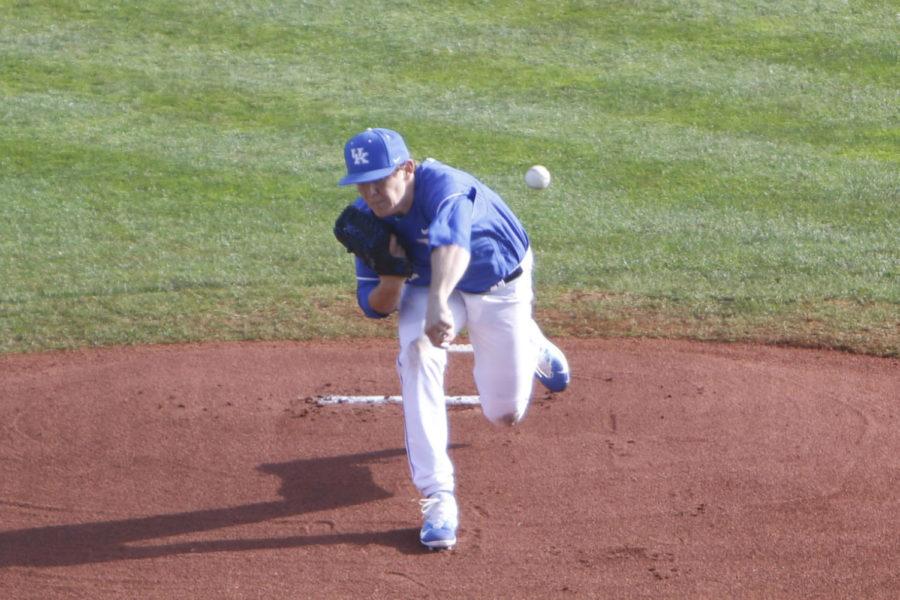 Kentucky pitcher Zack Thompson throws the first pitch during a game against the Western Kentucky Hilltoppers on Wednesday, March 1, 2017 in Lexington, Ky. Photo by Carter Gossett | Staff