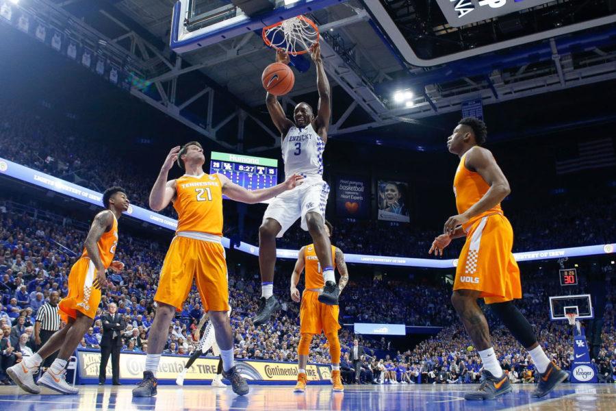 Kentucky+Wildcats+forward+Bam+Adebayo+slams+home+a+dunk+against+the+Tennessee+Volunteers+at+Rupp+Arena+in+Lexington%2C+KY+on+Tuesday%2C+February+14%2C+2017.+Kentucky+defeated+Tennessee+83-58.