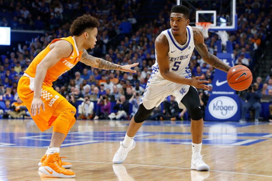 Kentucky Wildcats guard Malik Monk dribbles against the Tennessee Volunteers at Rupp Arena in Lexington, KY on Tuesday, February 14, 2017. Kentucky defeated Tennessee 83-58.