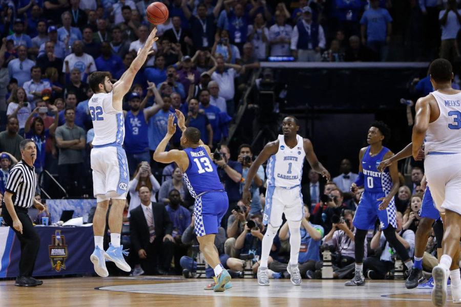 North Carolina Tar Heels forward Luke Maye shoots the game winning three pointer against the Kentucky Wildcats during the 2017 NCAA Mens Basketball Tournament South Regional Elite 8 at FedExForum in Memphis, TN on Friday March 24, 2017. Photo by Michael Reaves | Staff