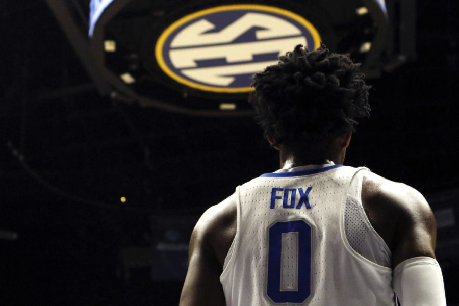 Freshman guard DeAaron Fox prepares to throw the ball inbounds during the quarterfinal game of the SEC Tournament against the Georgia Bulldogs on Friday, March 10, 2017 in Nashville, Ky. Kentucky won the game 71-60.