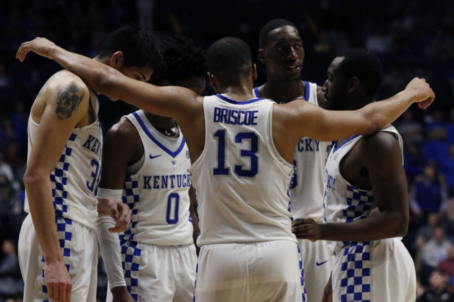 Sophomore guard Isaiah Briscoe (13) huddles his team together during the quarterfinal game of the SEC Tournament against the Georgia Bulldogs on Friday, March 10, 2017 in Nashville, Ky. Kentucky won the game 71-60.