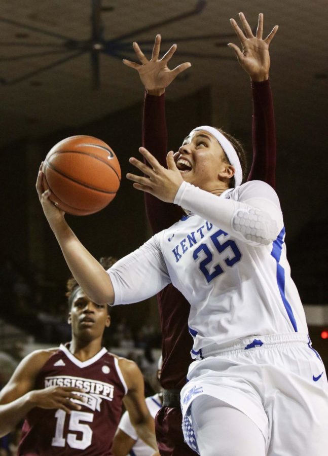 Kentucky Wildcat guard Makayla Epps shoots a layup during the first quarter of the game against the Mississippi State Bulldogs on Thursday, February 23, 2017 at Memorial Coliseum in Lexington, KY. Photo by Addison Coffey | Staff.