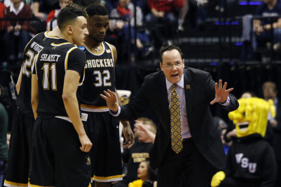 Head coach Gregg Marshall speaks with his team during the first round game of Wichita State vs. Dayton at Baker's Life Fieldhouse on Friday, March 17, 2017 in Indianapolis, In. Wichita State defeated Dayton to advance to the second round 64-58. The Cats will play Wichita State on Sunday.
