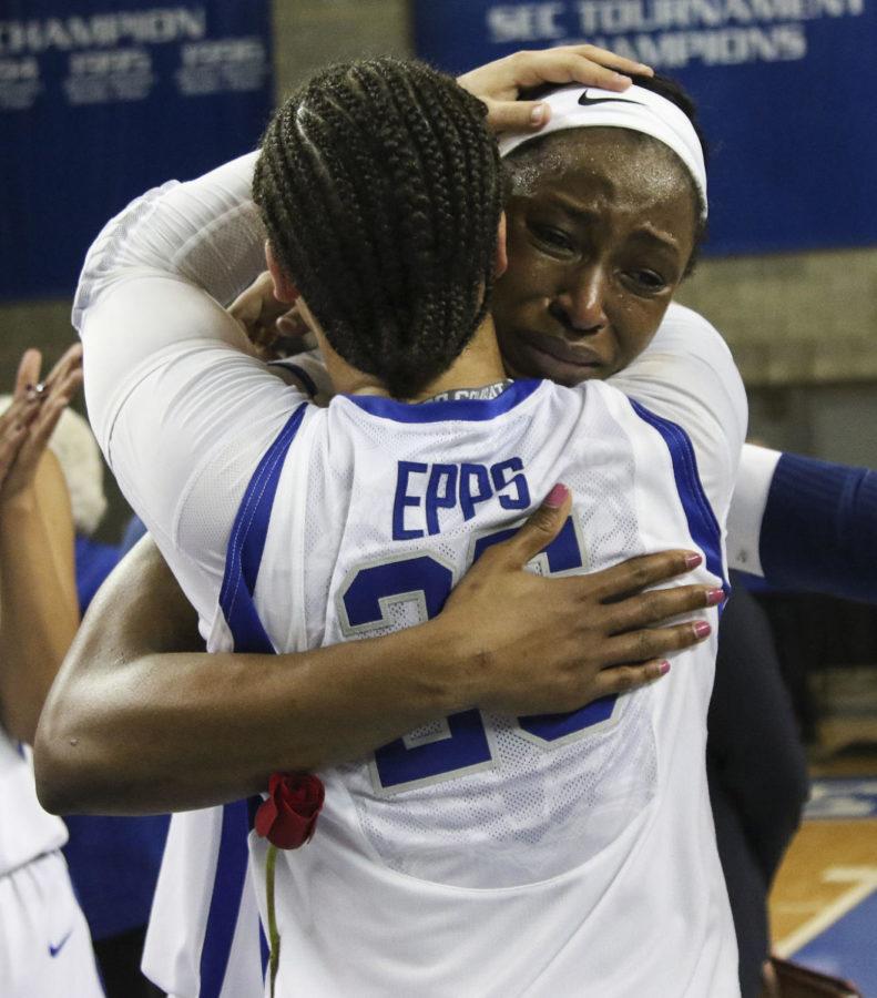 Kentucky Wildcat seniors Makayla Epps and Evelyn Akhator share a moment after defeating the #3 Mississippi State Bulldogs on Thursday, February 23, 2017 at Memorial Coliseum in Lexington, KY. Photo by Addison Coffey | Staff.