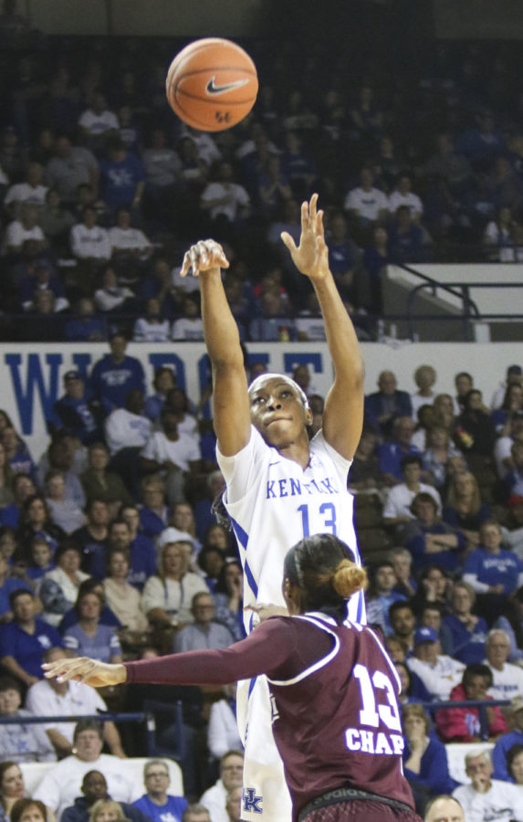 Kentucky Wildcat forward Evelyn Akhator shoots a jump shot during the second quarter of the game against the Mississippi State Bulldogs on Thursday, February 23, 2017 at Memorial Coliseum in Lexington, KY. Photo by Addison Coffey | Staff.