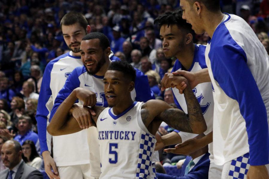 Freshman guard Malik Monk (5) celebrates with teammates after getting an and-one during the semifinal game of the SEC Tournament against the Alabama Crimson Tide on Saturday, March 11, 2017 in Nashville, Ky. Kentucky won the game 79-74.