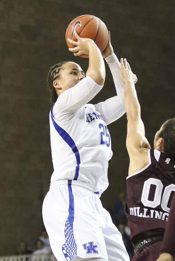 Kentucky Wildcat guard Makayla Epps shoots a jump shot during the third quarter of the game against the Mississippi State Bulldogs on Thursday, February 23, 2017 at Memorial Coliseum in Lexington, KY. Photo by Addison Coffey | Staff.
