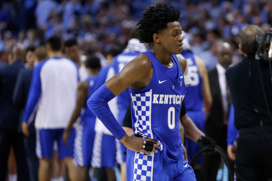 Kentucky Wildcats guard DeAaron Fox reacts after losing to the North Carolina Tar Heels during the 2017 NCAA Mens Basketball Tournament South Regional Elite 8 at FedExForum in Memphis, TN on Friday March 24, 2017. Photo by Michael Reaves | Staff