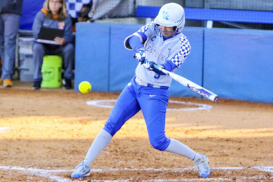 Kentucky Wildcats right fielder Breanne Ray hits a single during the second inning of the game against the Tennessee Volunteers at John Cropp Stadium on Friday, April 7, 2017 in Lexington, KY. Photo by Addison Coffey | Staff.