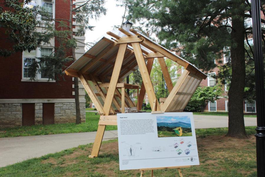 College+of+Design+students+created+wooden+architectural+designs+for+a+class.+The+projects+are+located+outside+of+Pence+Hall+on+UKs+campus.%C2%A0