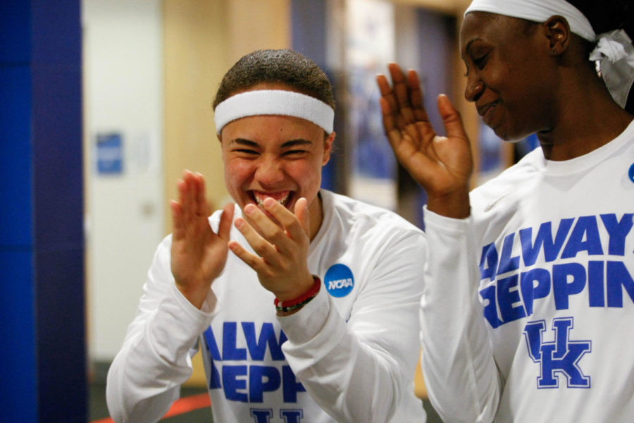 Guard Makayla Epps and forward Evelyn Akhator laugh in the tunnel prior to the game against the Oklahoma Sooners on Monday, March 21, 2016 in Lexington, Ky. Photo by Hunter Mitchell | Staff