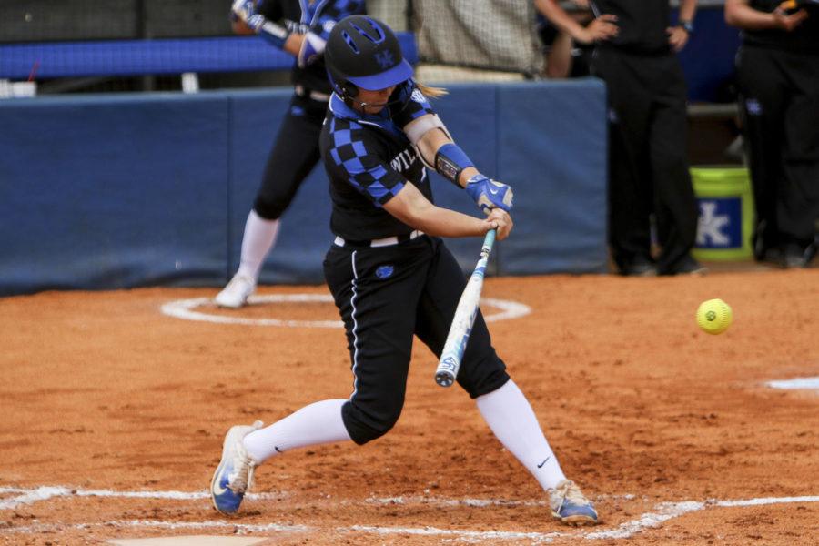Kentucky Wildcats designated player Rachael Metzger hits a double in the second inning of the game against the Florida Gators at John Cropp Stadium on Saturday, April 15, 2017 in Lexington, KY. Photo by Addison Coffey | Staff.