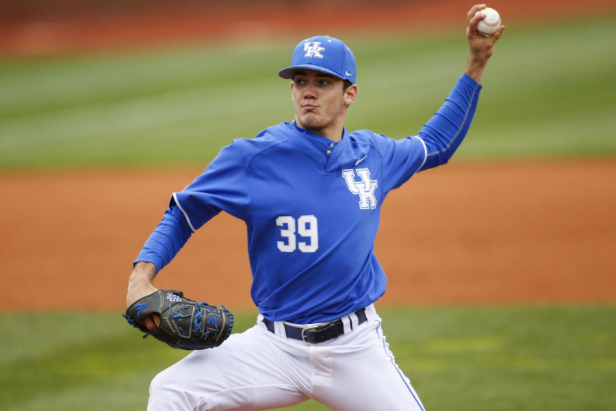 Kentucky Wildcats pitcher Zach Logue delivers a pitch during the game against the Vanderbilt Commodores at Cliff Hagan Stadium on Saturday, April 1, 2017 in Memphis, KY. Photo by Addison Coffey | Staff.