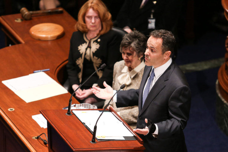 Kentucky governor Matt Bevin addresses the Commonwealth with his budget for the next two years on Tuesday, January 26, 2016 at the Capitol building in Frankfort, Ky. The budget included a $110 million cut from UKs state general funding, the elimination of Kynect, and a re-evaluation of status for those receiving Medicaid.