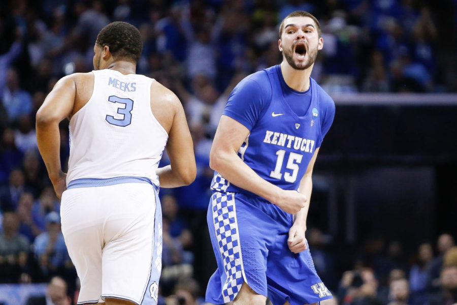 Kentucky Wildcats forward Isaac Humphries celebrates a basket against the North Carolina Tar Heels during the 2017 NCAA Mens Basketball Tournament South Regional Elite 8 at FedExForum in Memphis, TN on Friday March 24, 2017. Photo by Michael Reaves | Staff