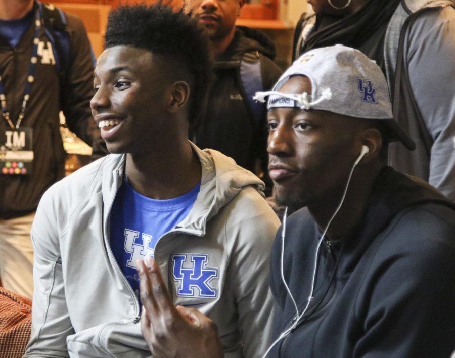 Hamidou Diallo smiles while Bam Adebayo poses for a picture during the NCAA Tournament Selection Show on Sunday, March 12, 2017 in Lexington, KY. Photo by Addison Coffey | Staff.