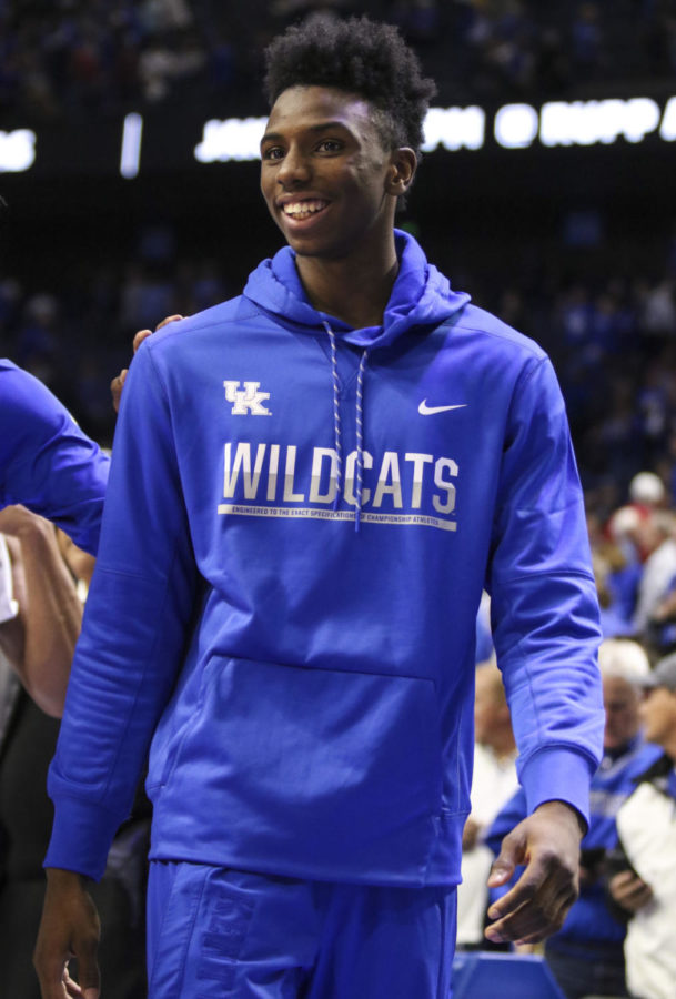 Kentucky Wildcats guard Hamidou Diallo #4 smiles while walking off the court after the Wildcats game against the South Carolina Gamecocks at Rupp Arena on January 21, 2017 in Lexington, Kentucky.