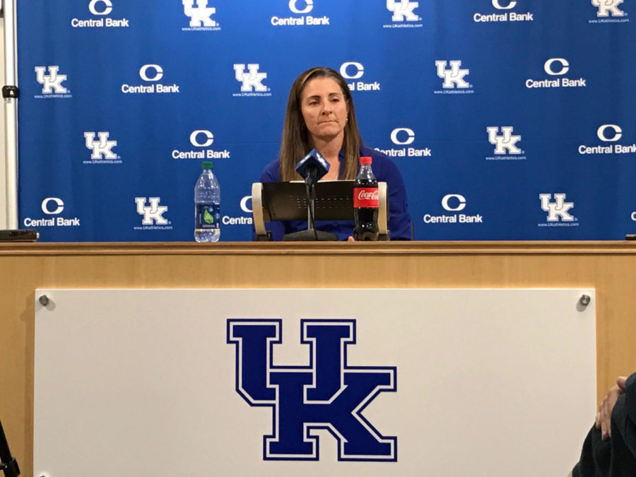 Head softball coach Rachel Lawson meets with the media at Media Day on Monday February 6. Photo by Chris Angolia || Staff.